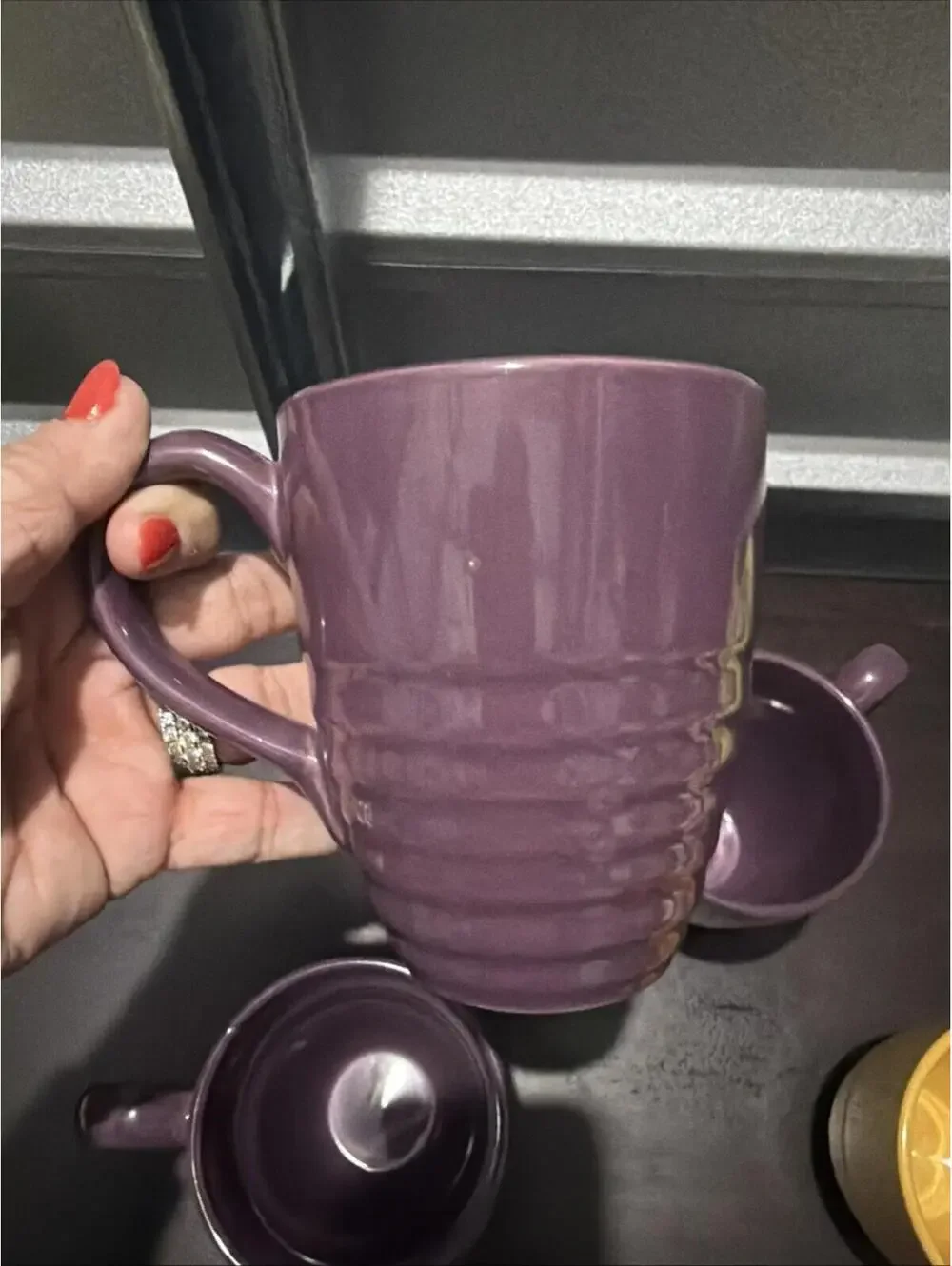 VTG 4 Pier 1  Coffee Mugs 1 Yellow 3 Grape Plum Ribbed Stone Ware Essentials *